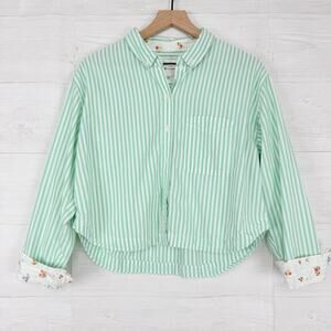 American Eagle Cropped Button Up Shirt Women M Striped Green Flip Cuff Oversized